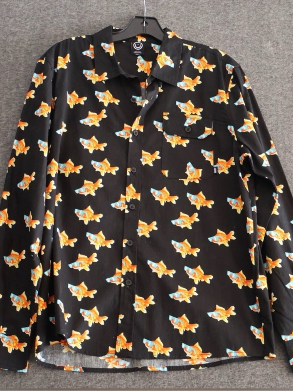 Neff Black Button-Down Shirt with Orange Fish Print S